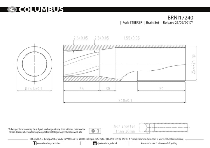 Columbus Tubing 1" (25.4) threaded steerer tubes for steel bicycle forks - 180, 210, 240, 270, 300 lengths steel