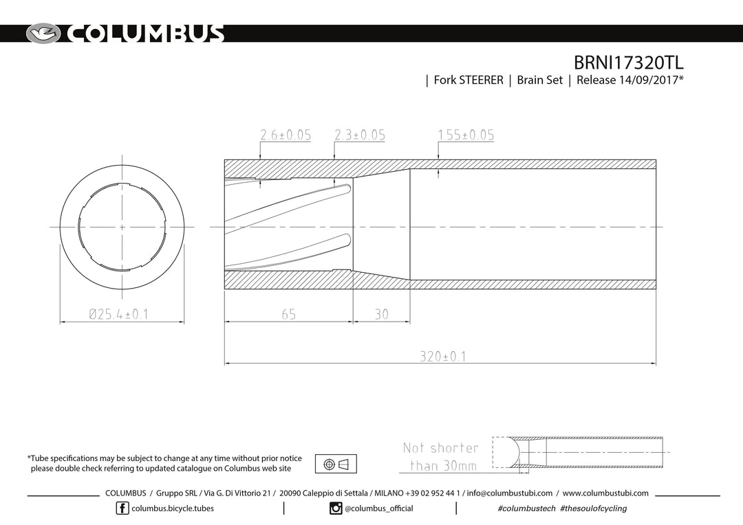 BRNI17320TL  Columbus Tubing threadless 1" (25.4) steerer tube - 320 length - steel