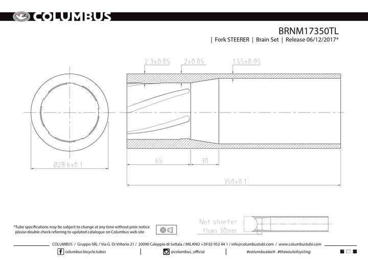 BRNM17350TL  Columbus Tubing threadless 1-1/8"" (28.6) steerer tube - 350 length - steel