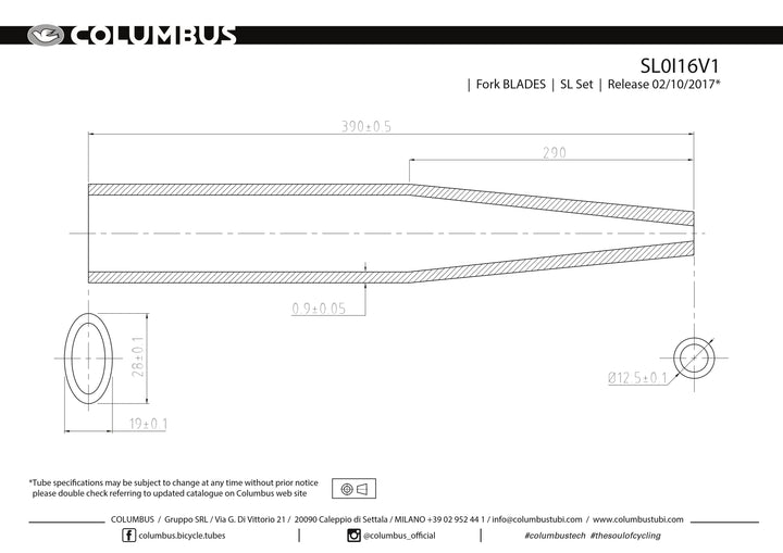 CRMI16V1  Columbus Tubing Cromor fork blades - .9 wall - length = 390  24 OD is pressed into 28x19 oval. Steel.
