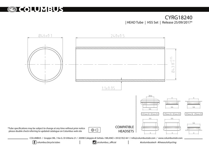 CYRG18240  Columbus Tubing HSS headtube for - 46 dia. - 1.1mm wall - length = 240