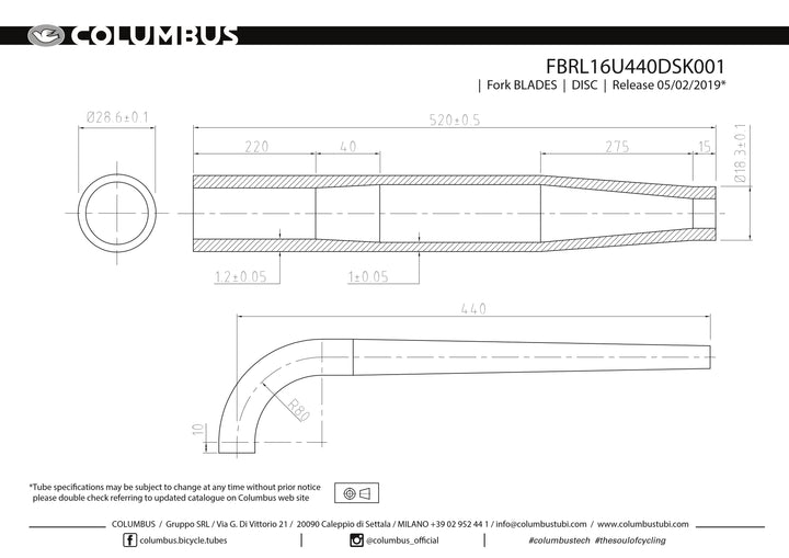 Columbus tapered unicrown fork blades for disc - 28.6mm round - 15mm ID tip - 1.2/1 wall - length = 440