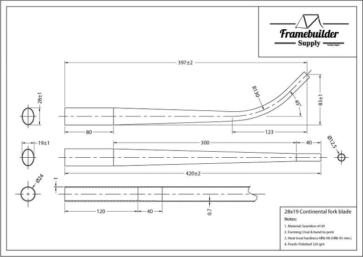 Pre-raked fork blades - 28x19 oval - 1mm wall - 69mm rake - length = 420