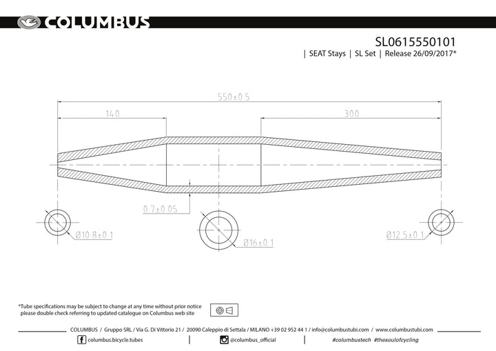 Columbus SL seat stays - Dual taper - 16 OD - .7 wall - length = 550