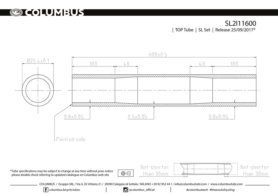 SL2I11600 - Columbus Tubing SL top tube for steel bicycle frames - 25.4 diameter - .8/.5/.8 wall thickness. Length = 600
