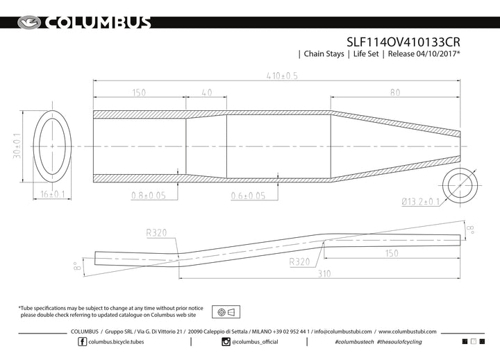 SLF114OV410133CR  Columbus Tubing Life short taper chainstays with a cyclocross S-bend - oval/round - 24 OD - .8/.6 wall - length = 410, oval = 16x30