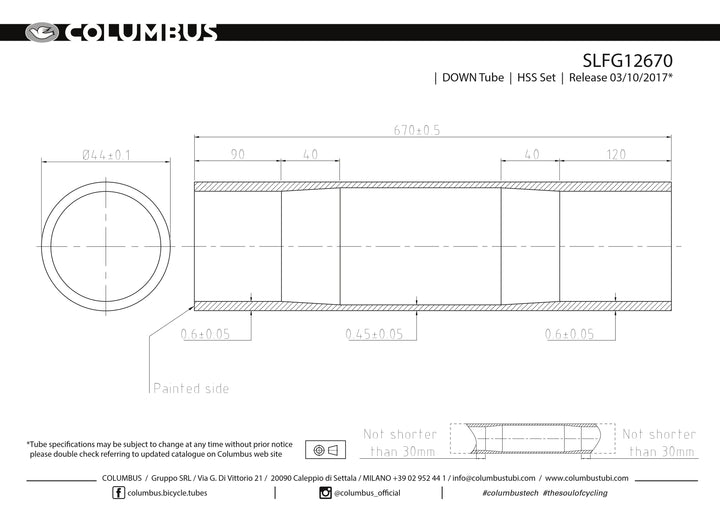 SLFG12670  Columbus Tubing Life down tube - 44 diameter - .6/.45/.6 wall thickness. Length = 670