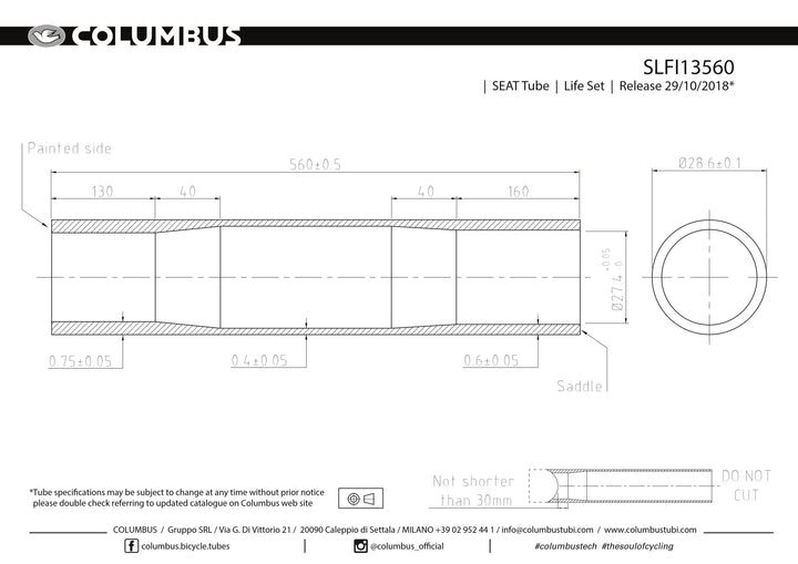SLFI13560  Columbus Tubing Life double butted seat tube - 28.6 dia. - .75/.4/.6 - length = 560