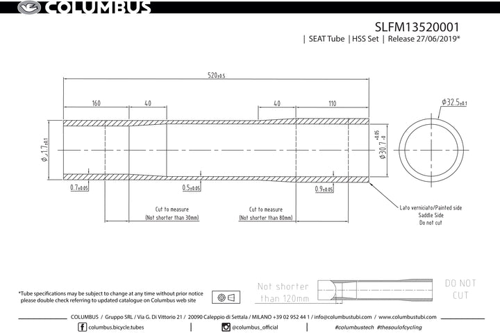 Columbus Spirit HSS ext. butted seat tube - 31.7 dia. - .7/.5/.9 - length = 520