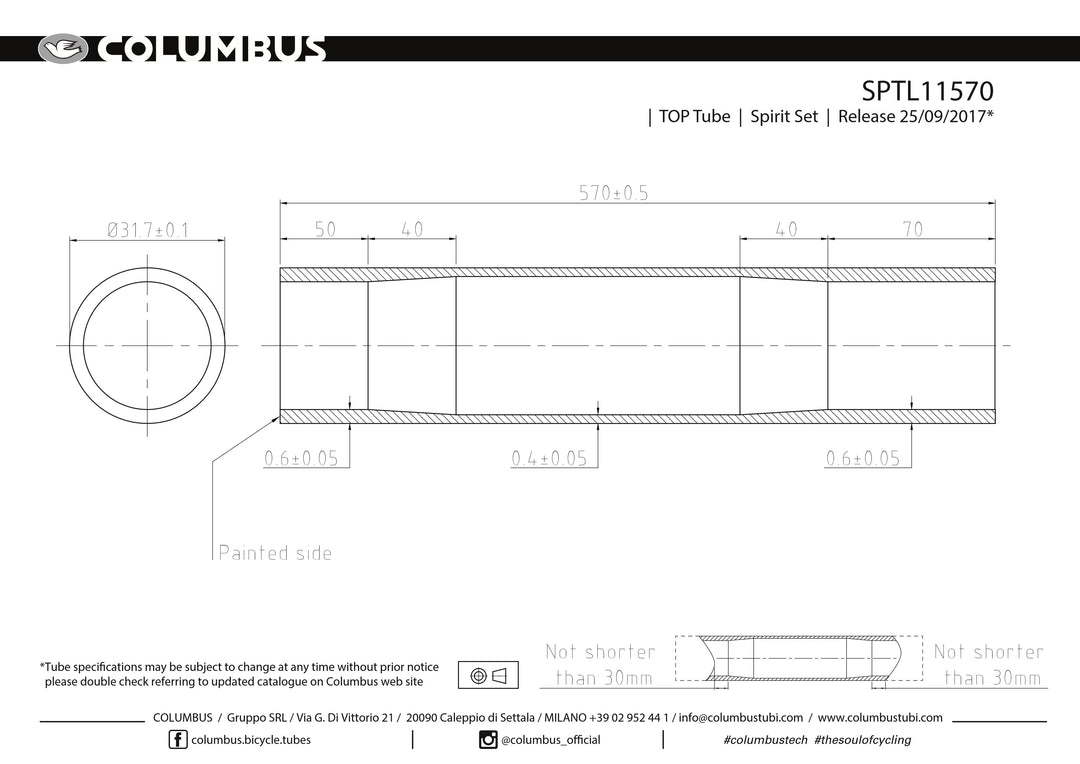 SPTL11570  Columbus Tubing Spirit top tube - 31.7 diameter - .6/.4/.6 wall thickness. Length = 570