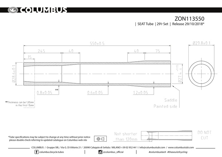 ZON113550  Columbus Tubing Zona 29er externally butted seat tube - 28.6 dia. - .8/.6/1.2 wall thickness. Length = 550