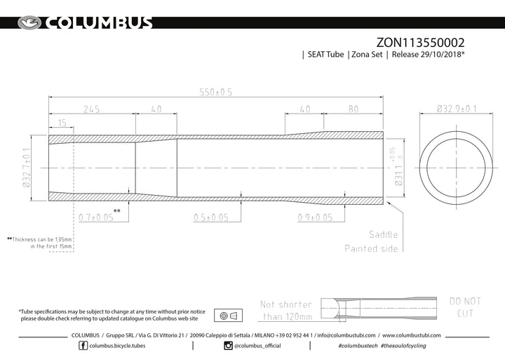 Columbus Zona ext. butted seat tube for dropper post - 32.7 OD (31.1 ID) - .7/.5/.9 - length = 550