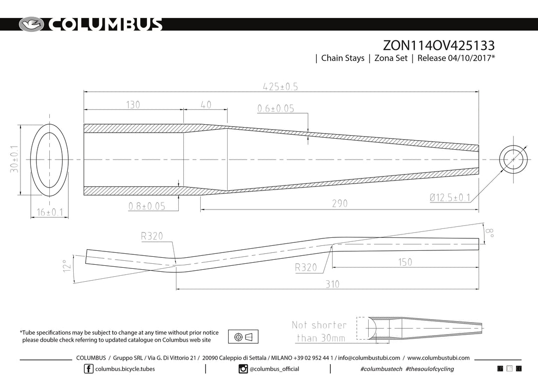 ZON114OV425133  Columbus Tubing Zona butted chainstays - oval/round - 24 OD - .8/.6 wall - length = 425, 16x30 oval at the BB end and a mtb S-bend.