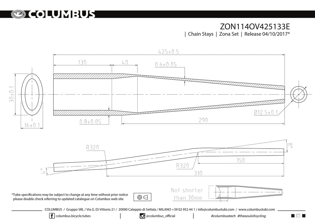 ZON114OV425133E  Columbus Tubing Zona butted chainstays - oval/round - 24 OD - .8/.6 wall - length = 425, 16x30 oval at the BB end and a road S-bend