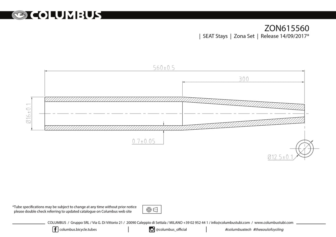 ZON615560 - Columbus Tubing Life seat stays - OD tapers from 16mm to 12.5mm - .7 wall - length = 560