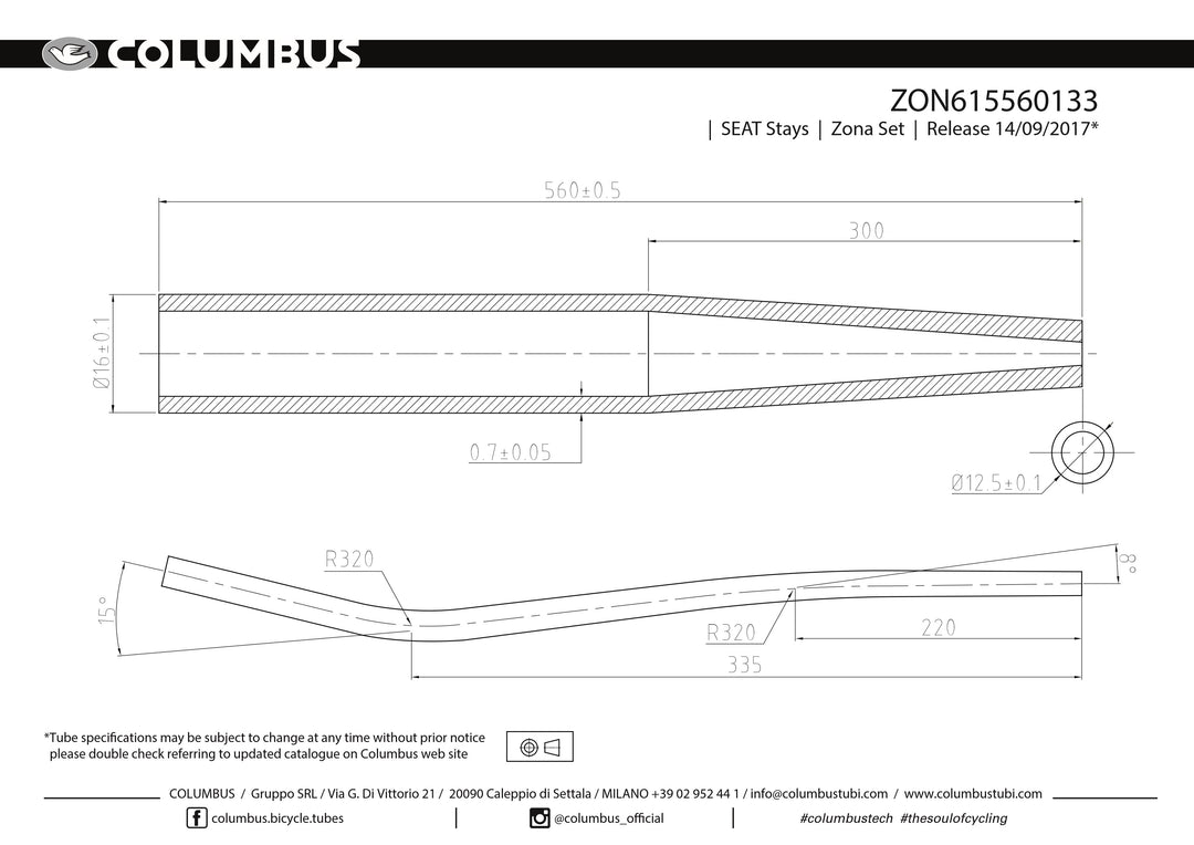 ZON615560133 - Columbus Tubing Zona MTB S-bend seat stays - OD tapers from 16mm to 12.5mm - .7 wall - length = 560