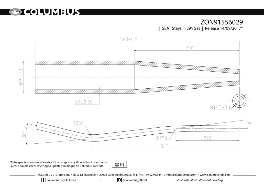 ZON91556029  Columbus Tubing Zona 29er S-bend seat stays - OD tapers from 19mm to 12.5mm - .6 wall - length = 560